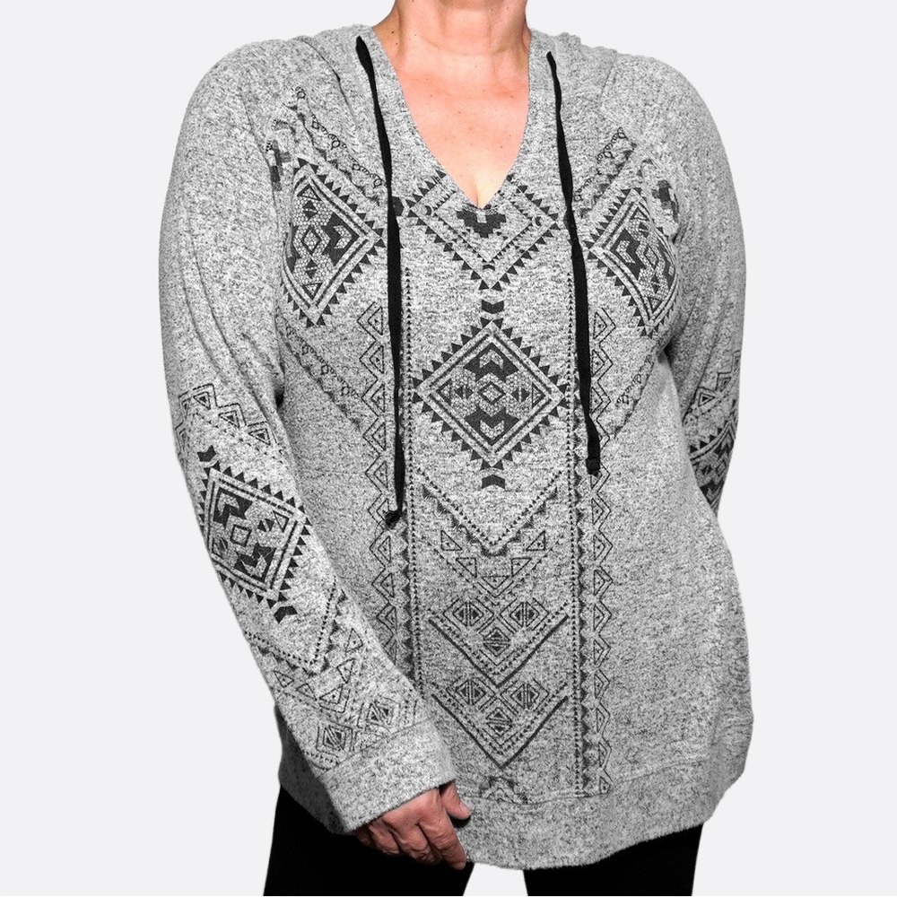 Heather‎ Gray Aztec Hoodie Tunic Top XXL 2X Size Cozy Stretch Flattering Fit